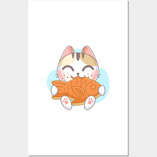 Kitten character eating bungeoppang Posters and Art